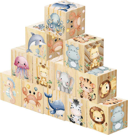 12 Pcs Cute Animal Nursery Decor, Watercolor Animals Wooden Blocks Decor, Ocean Woodland Animals Wooden Decorative Squares for Bedroom Playroom Birthday Gifts Table Shelf Decoration