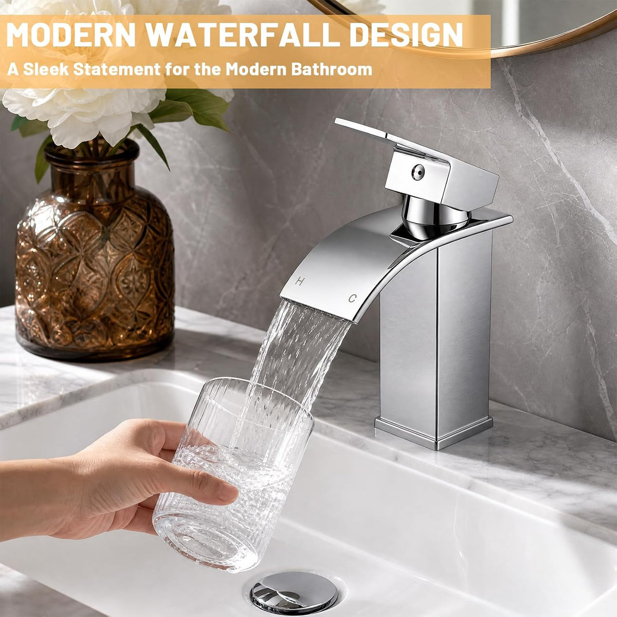 Waterfall Bathroom Basin Mixer Tap, 304 Stainless Steel with Pop-Up Waste