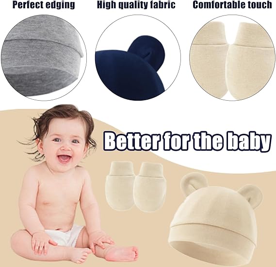 Newborn Baby Beanie Hat and Gloves (3pcs Baby Hats Caps & 3 Pairs Baby Mittens Gloves)