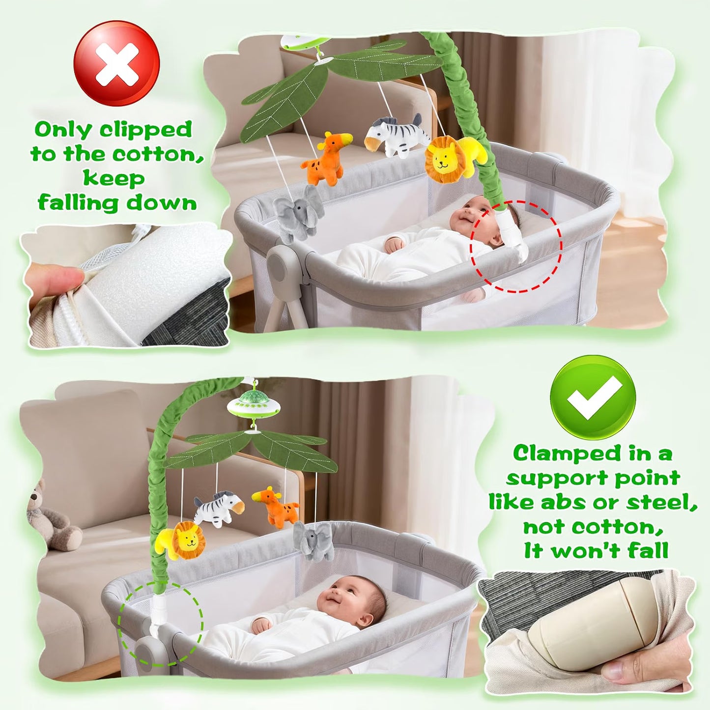 VZO Baby Cot Mobile, Crib Mobile with Music and Projection, Musical Cot Mobiles for Babies, Baby Nursery Cot Mobile Decor Green
