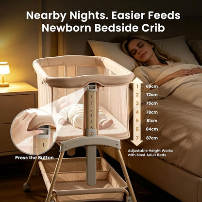 Next To Me Crib – Adjustable Baby Bed with Dropside, Premium Mattress, Breathable Mesh & Storage Shelf - No-Tool Assembly Bedside Baby Crib, Bassinet for Newborns 0–6 Months (Beige)
