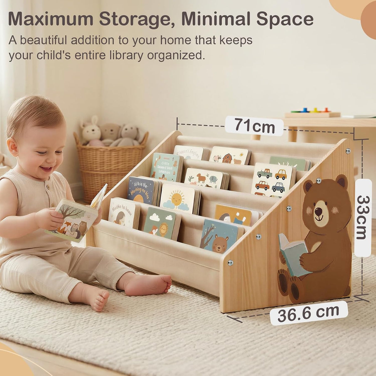 Kids Bookshelf, 4-Tier Solid Wood Toddler Bookcase for Nursery