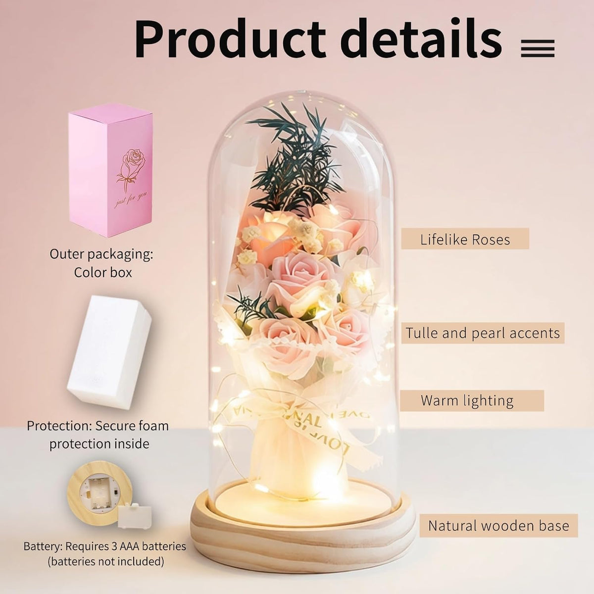 Artificial Roses in Glass Dome with LED Lights, Gift for Mum, Women & Grandma [Pink]