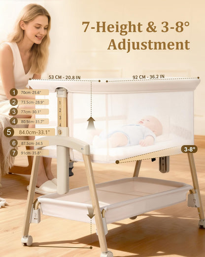 JevrJeur 3 in 1 Baby Bassinet with Wheels, Bedside Bassinet Sleeper for Newborn, Portable Baby Crib with 7 Adjustable Height & Large Storage Basket