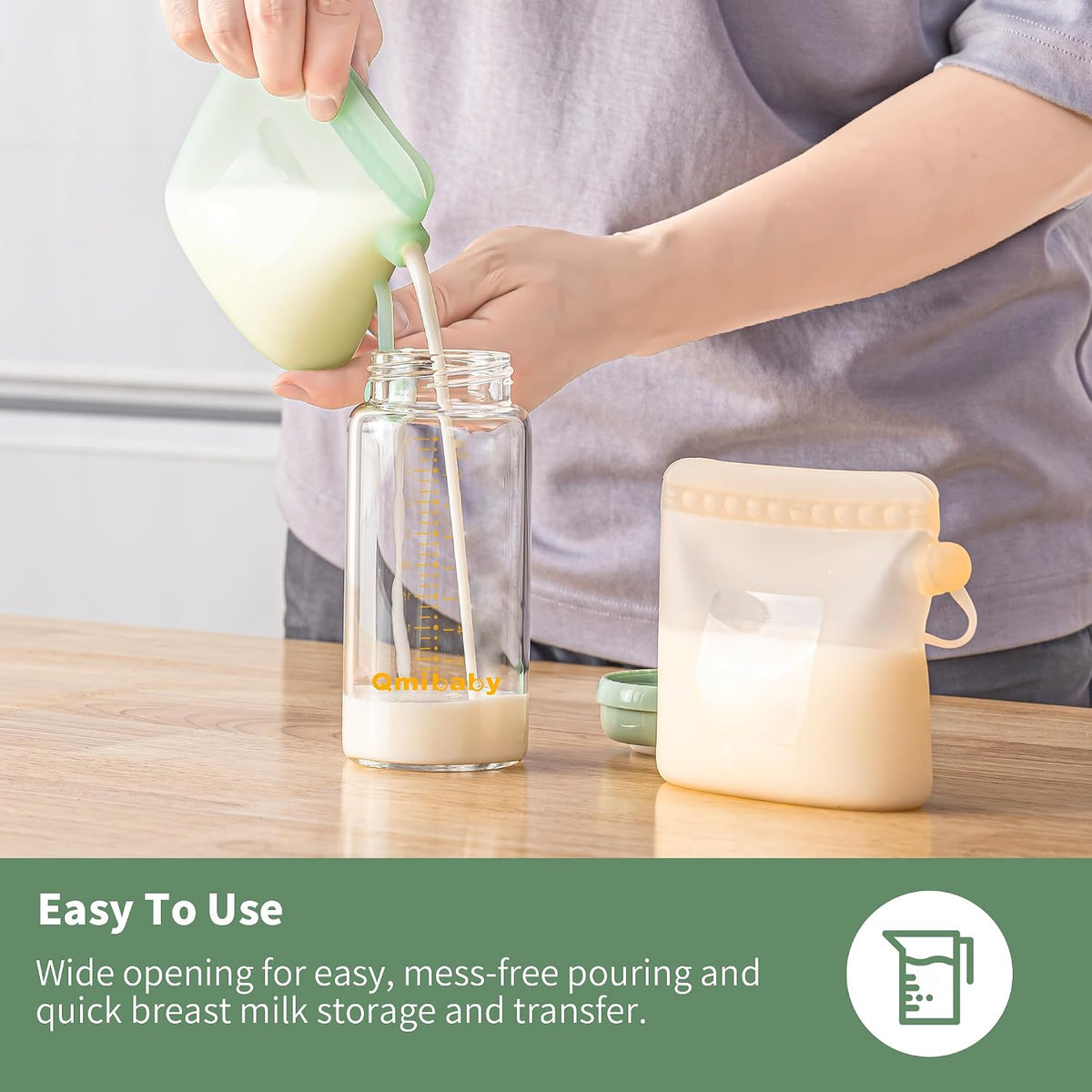 Reusable Silicone Breast Milk Storage Bags with Wide Opening, Double-Seal Design, One-Piece, Fridge and Freezer Storable (Green, 7 Packs)