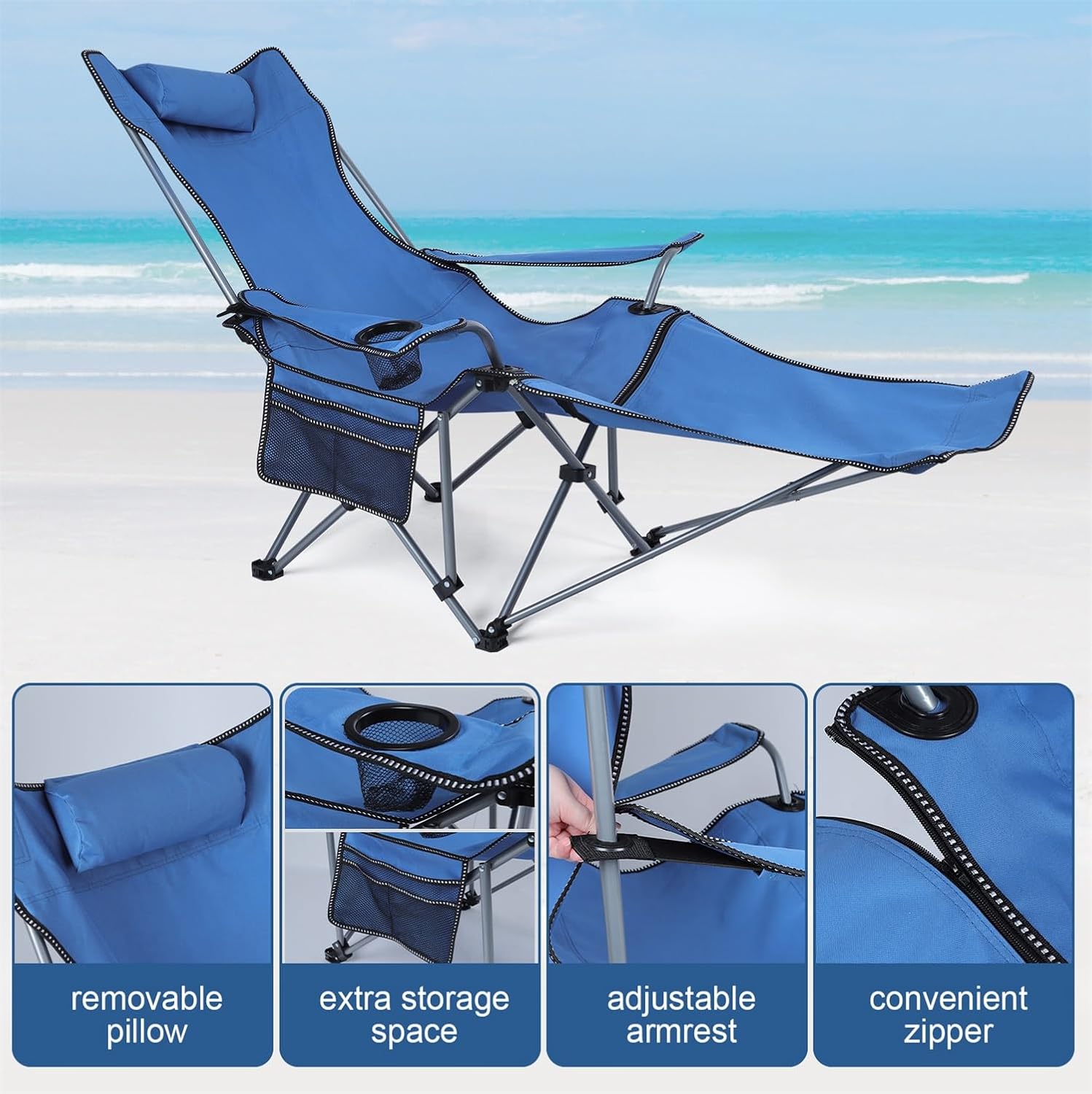 Neloheac heavy duty reclining camping chair with removable pillow and adjustable armrest