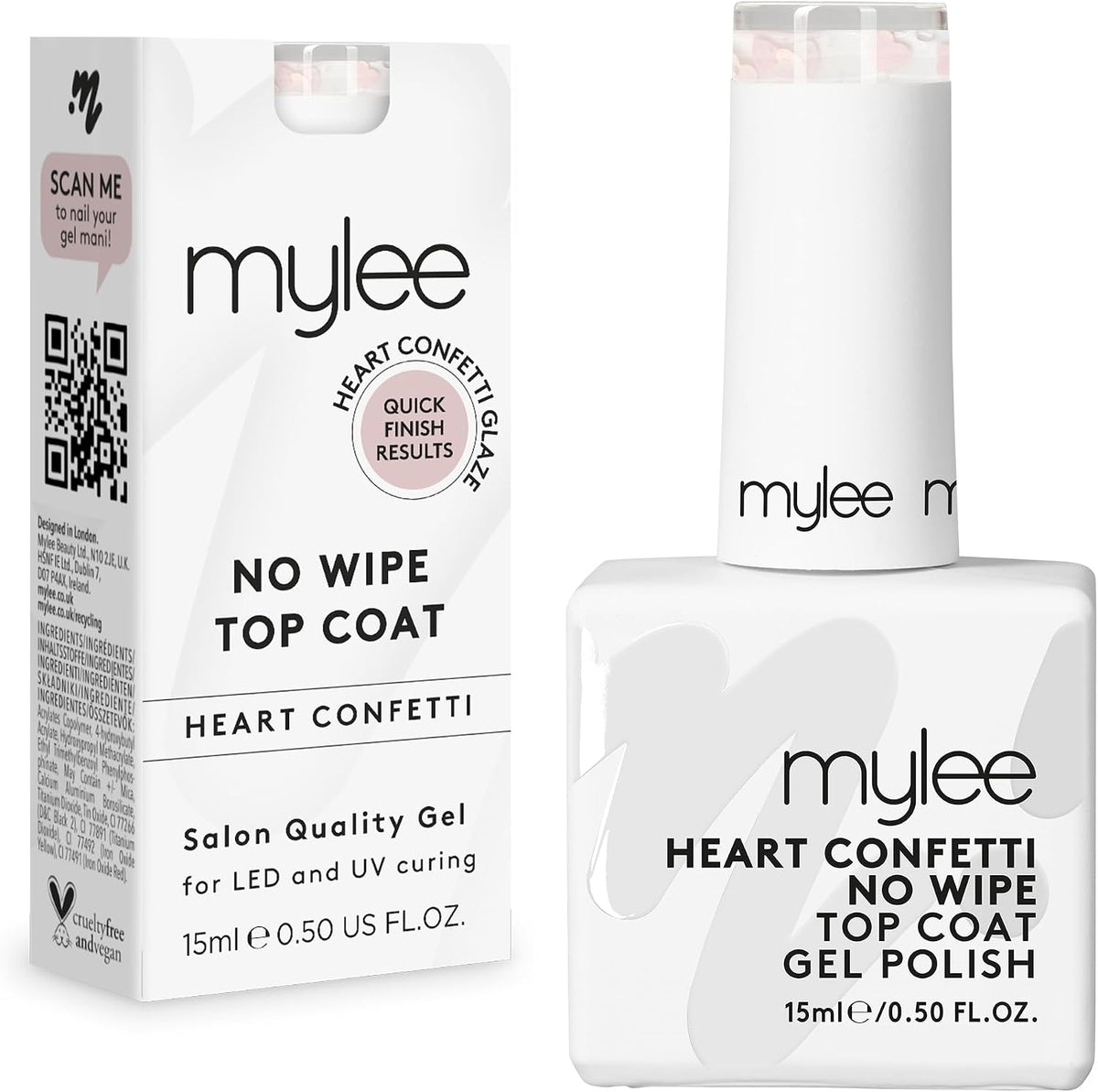 Mylee Gel Nail Polish Top Coat - Heart Confetti No-Wipe Top Coat 15ml