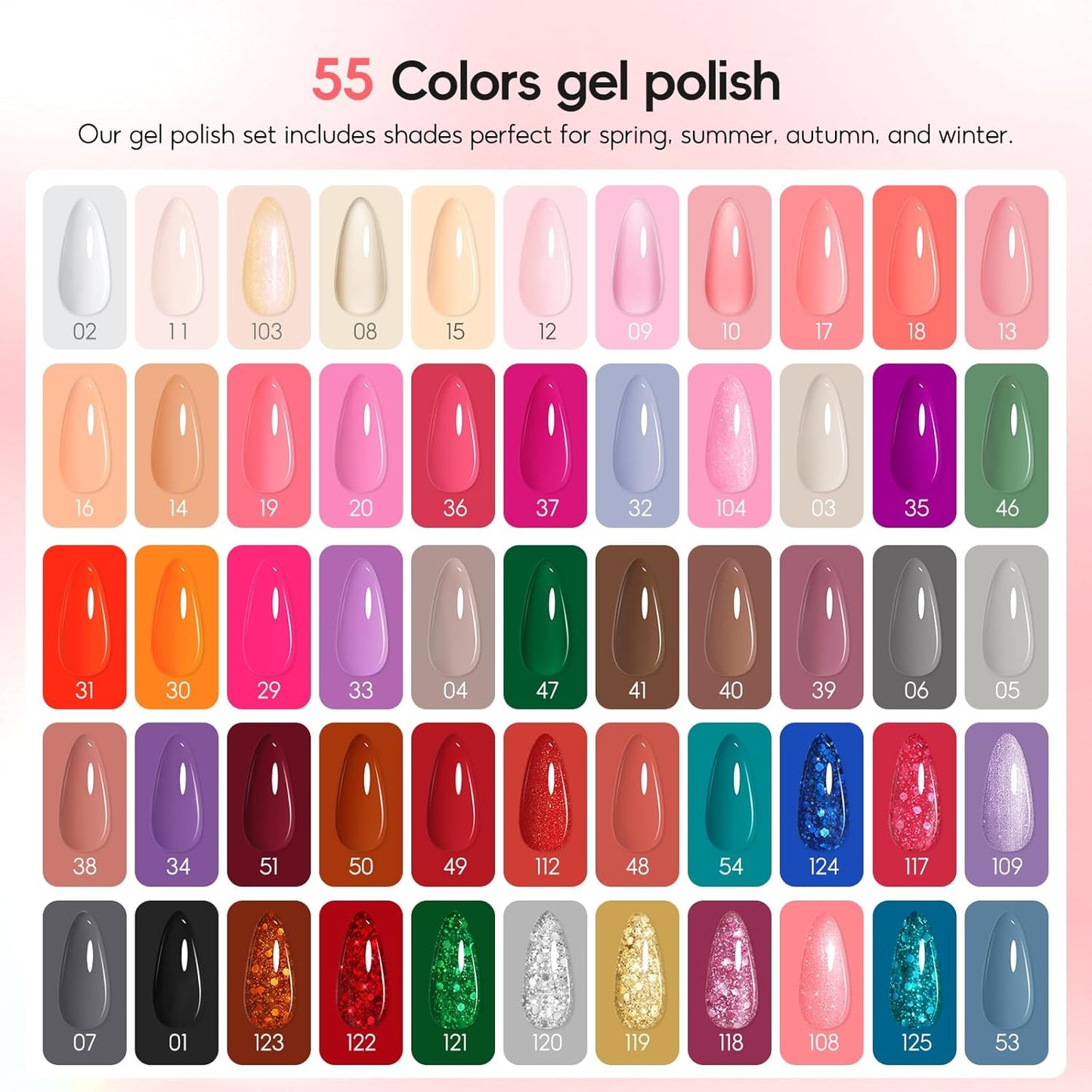 PEACECOLOR 73PCS Gel Nail Kit, 55+5 Colours Gel Nail Polish Set with Lamp, White Pink Nude Red Nail Polish, Glossy Matte Glitter Base Top Coat, Manicure Tools Nail Salon Set Gift for Women