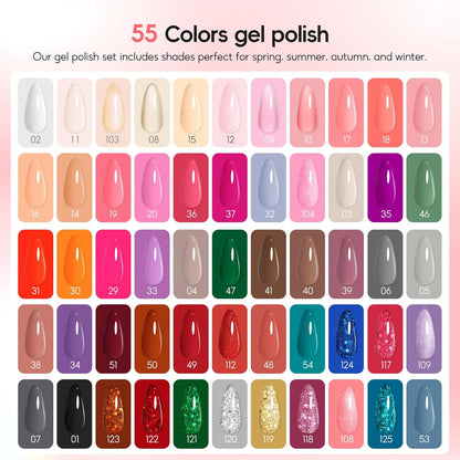 PEACECOLOR 73PCS Gel Nail Kit, 55+5 Colours Gel Nail Polish Set with Lamp, White Pink Nude Red Nail Polish, Glossy Matte Glitter Base Top Coat, Manicure Tools Nail Salon Set Gift for Women