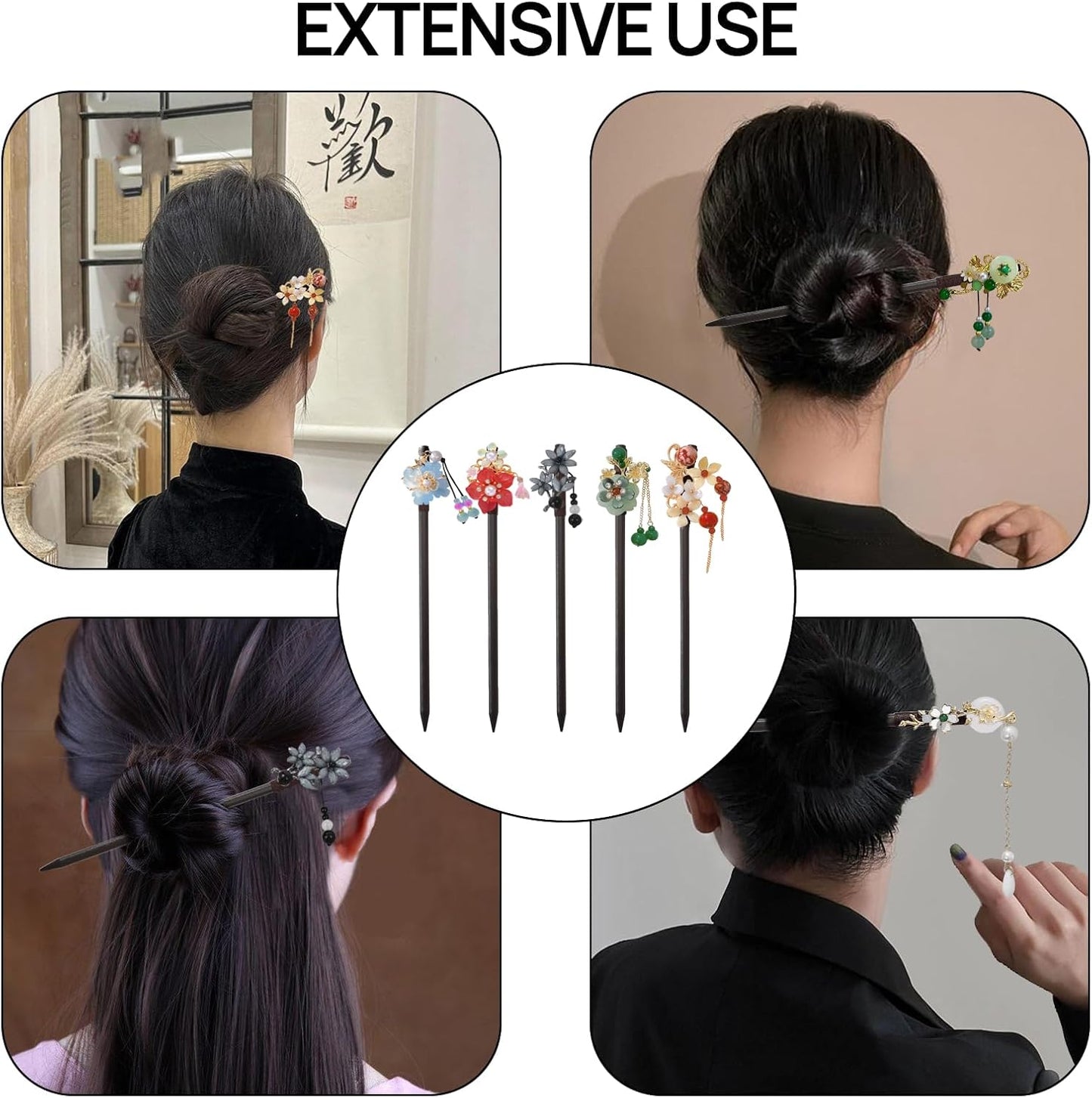 5 Pack Chinese Wood Hair Sticks With Tassel, Dangling Crystal Beads, Charm Fork - Long Straight Chopstick Picks for Twist Bun Holder - Women's Accessories