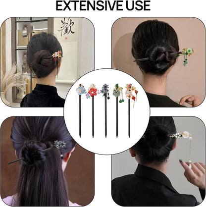 5 Pack Chinese Wood Hair Sticks With Tassel, Dangling Crystal Beads, Charm Fork - Long Straight Chopstick Picks for Twist Bun Holder - Women's Accessories