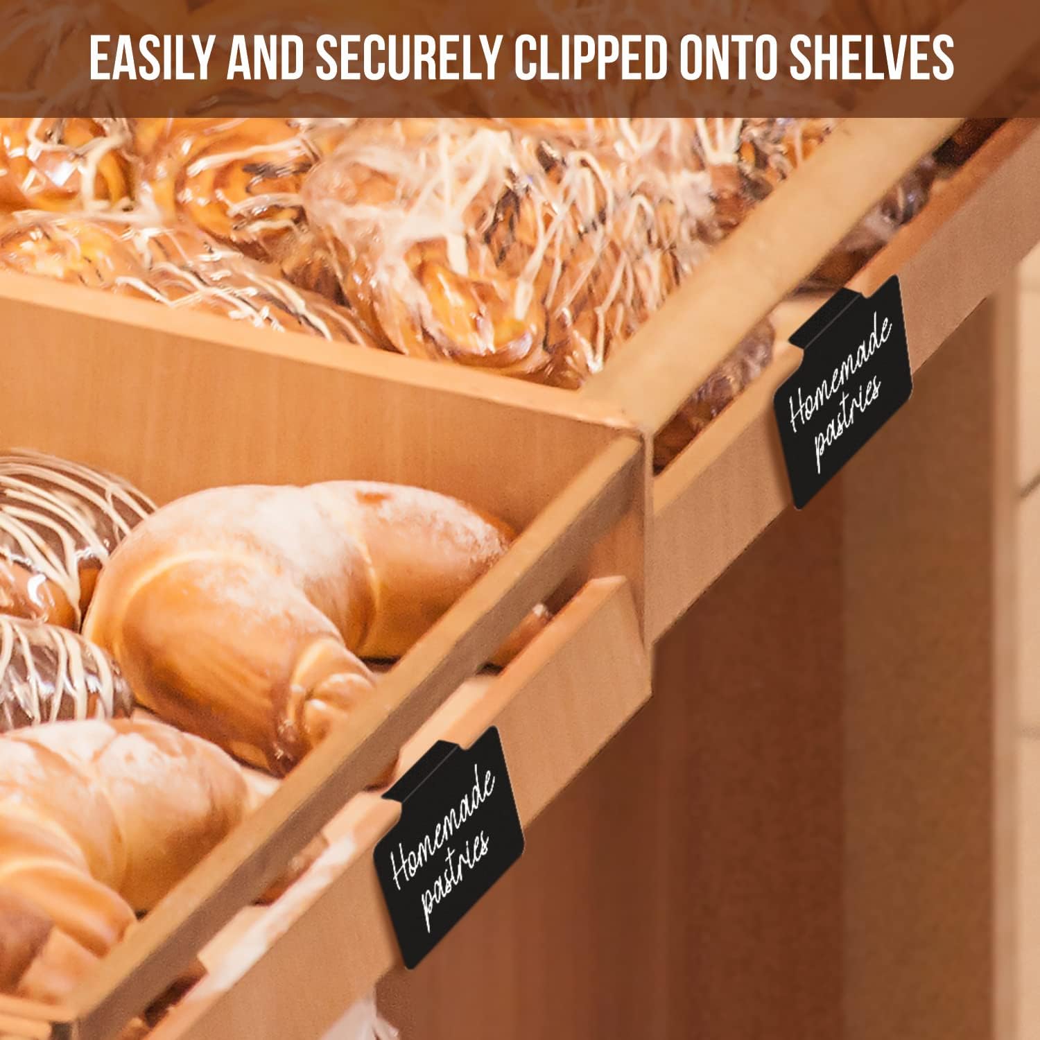 IRICUS clip on basket labels displayed on shelves with baked goods for easy organisation