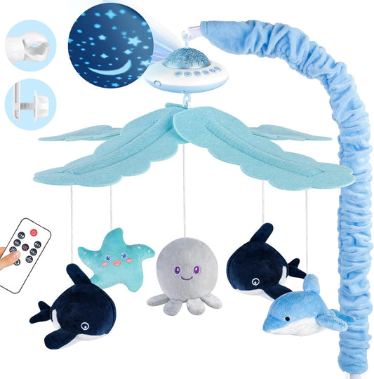 VZO Baby Cot Mobile, Crib Mobile with Music and Projection, Musical Cot Mobiles for Babies, Baby Nursery Cot Mobile Decor Blue