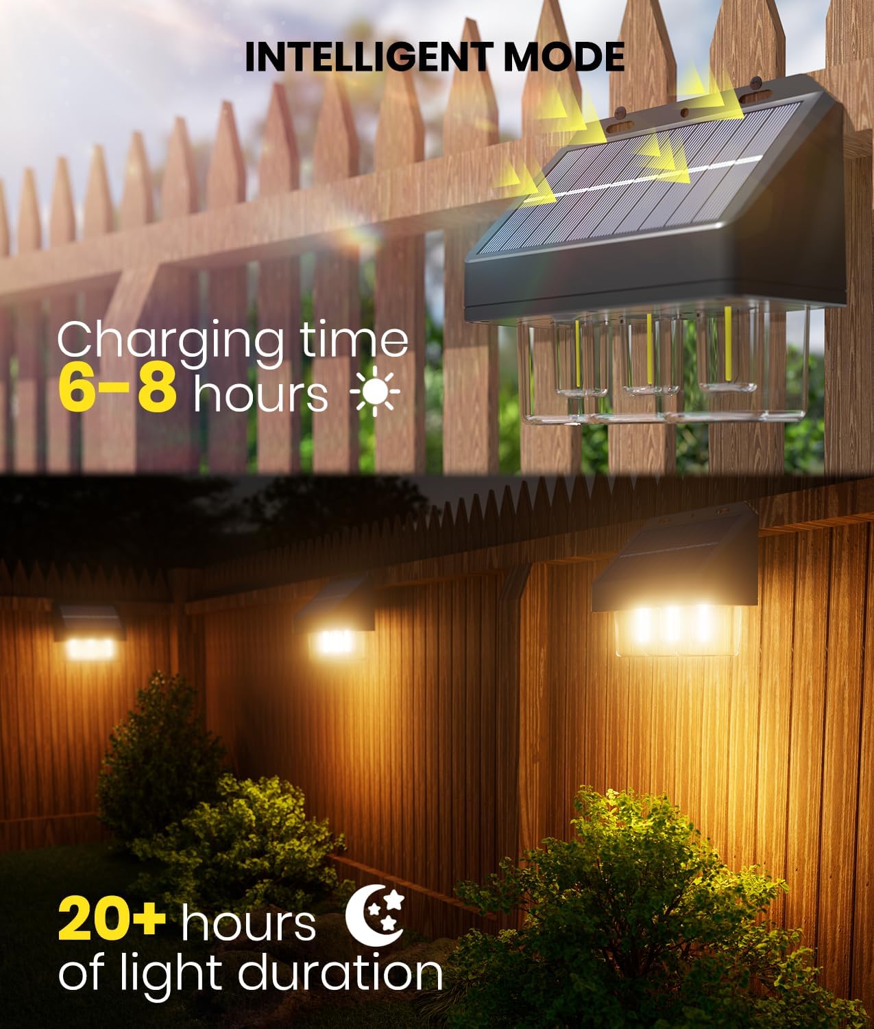 Solar Fence Lights Outdoor - 2 Pack, Garden Fence IP67 Waterproof, Warm White 3-Bulb Solar Wall Lights for Patio Decking & Yard Decoration