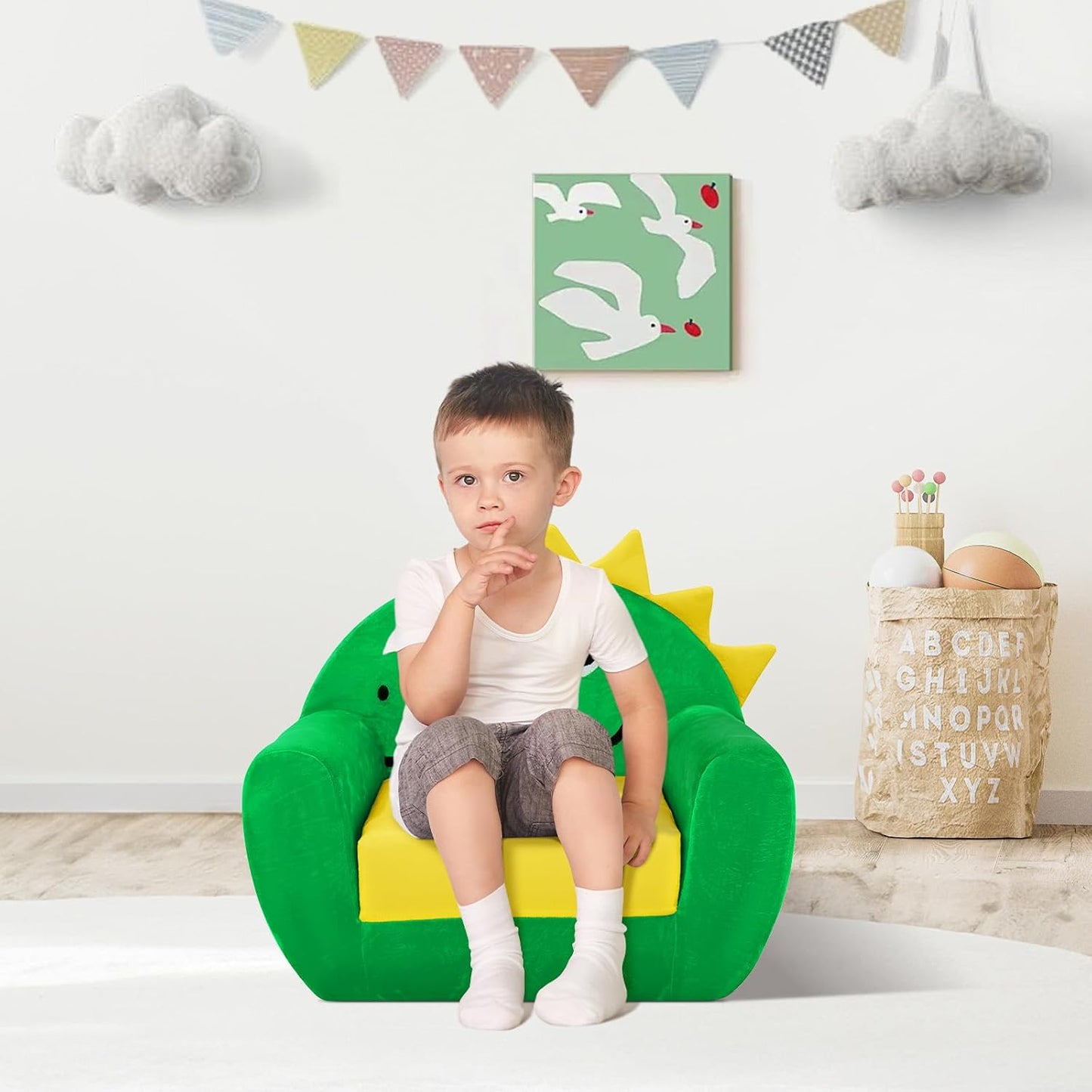 Kids Sofa Bed Dinosaur 2-in-1 Foldable Toddler Couch for Girls Boys Green