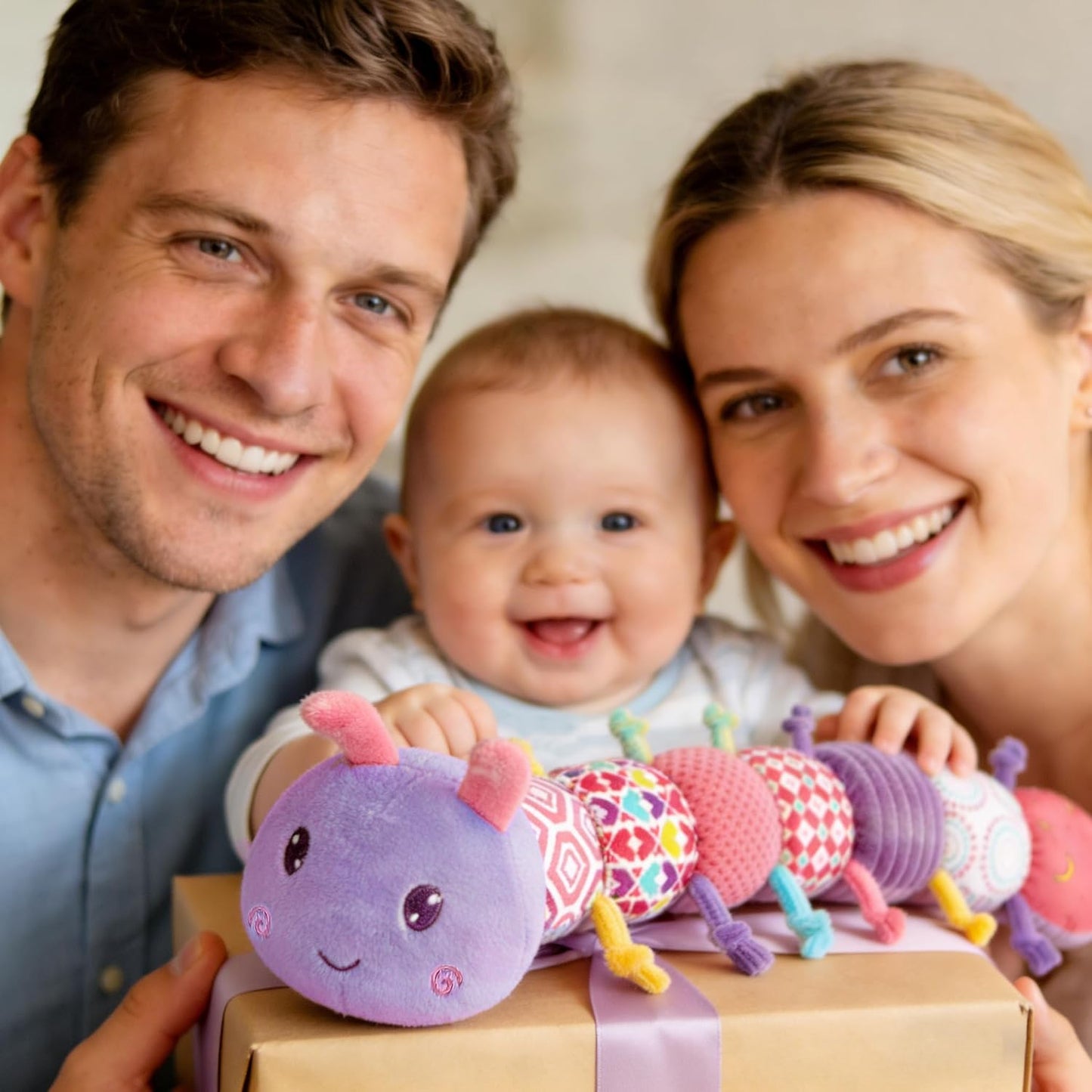 Baby Infant Caterpillar Musical Stuffed Animal Soft Toy with Multi-Sensory Crinkle, Rattle and Textures, Baby Girl Toy Birthday Gift for 0 3 6 9 12 Months+