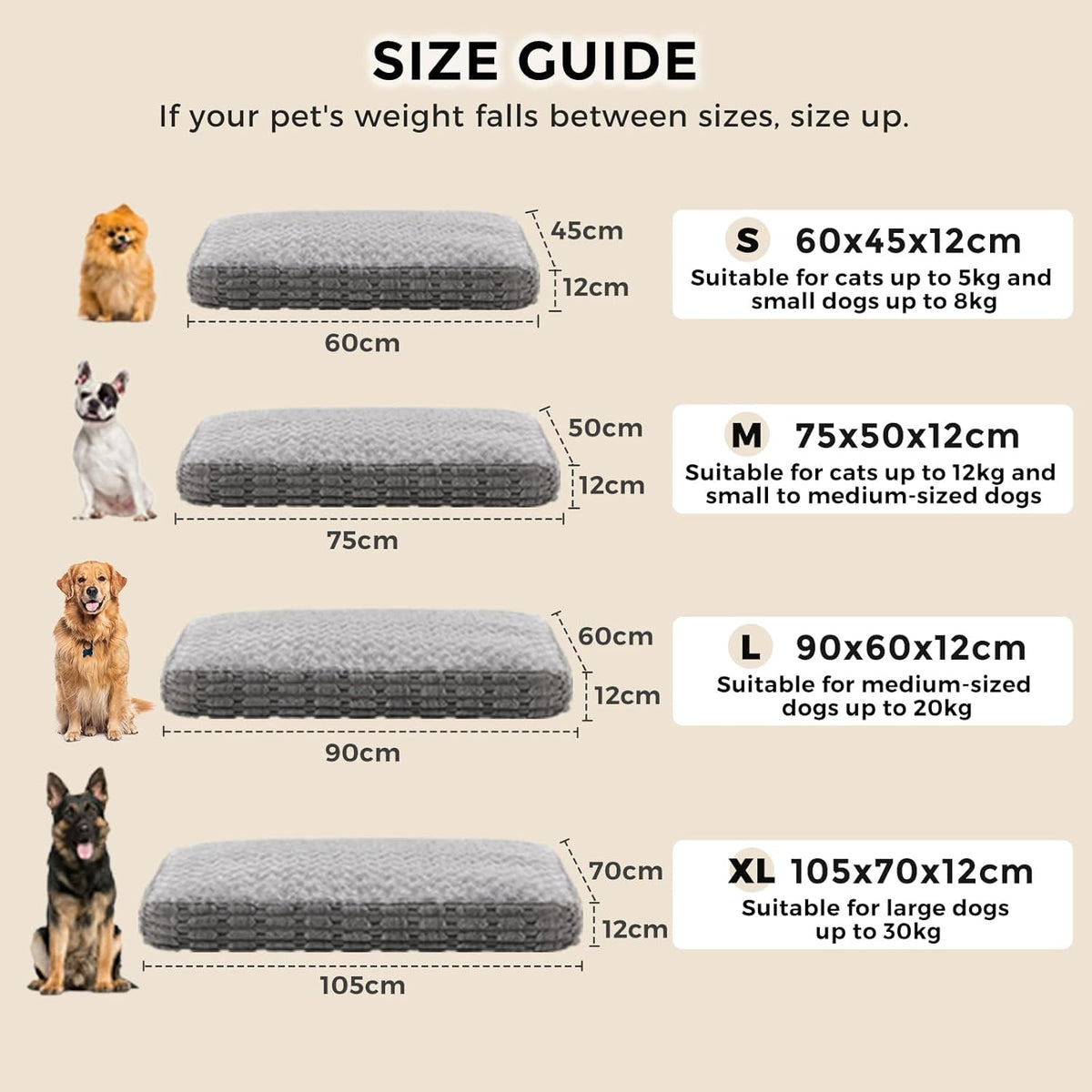 Dog Mat Mattress Washable, Waterproof Small Dog Bed Puppy Bed with Three-Dimensional Material of Wheat Ear, Crate Mattress Pet Sofa Bed with Breathable Rose Fluff, 60x45x12cm