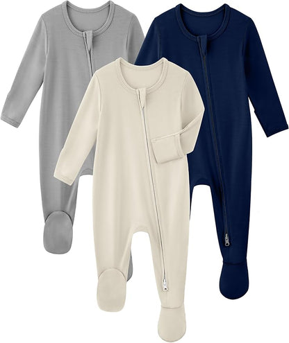 Yoofoss 3 Pack Viscose from Bamboo Newborn Baby Footie Pyjamas Long Sleeve Baby One Piece Outfit- Newborn