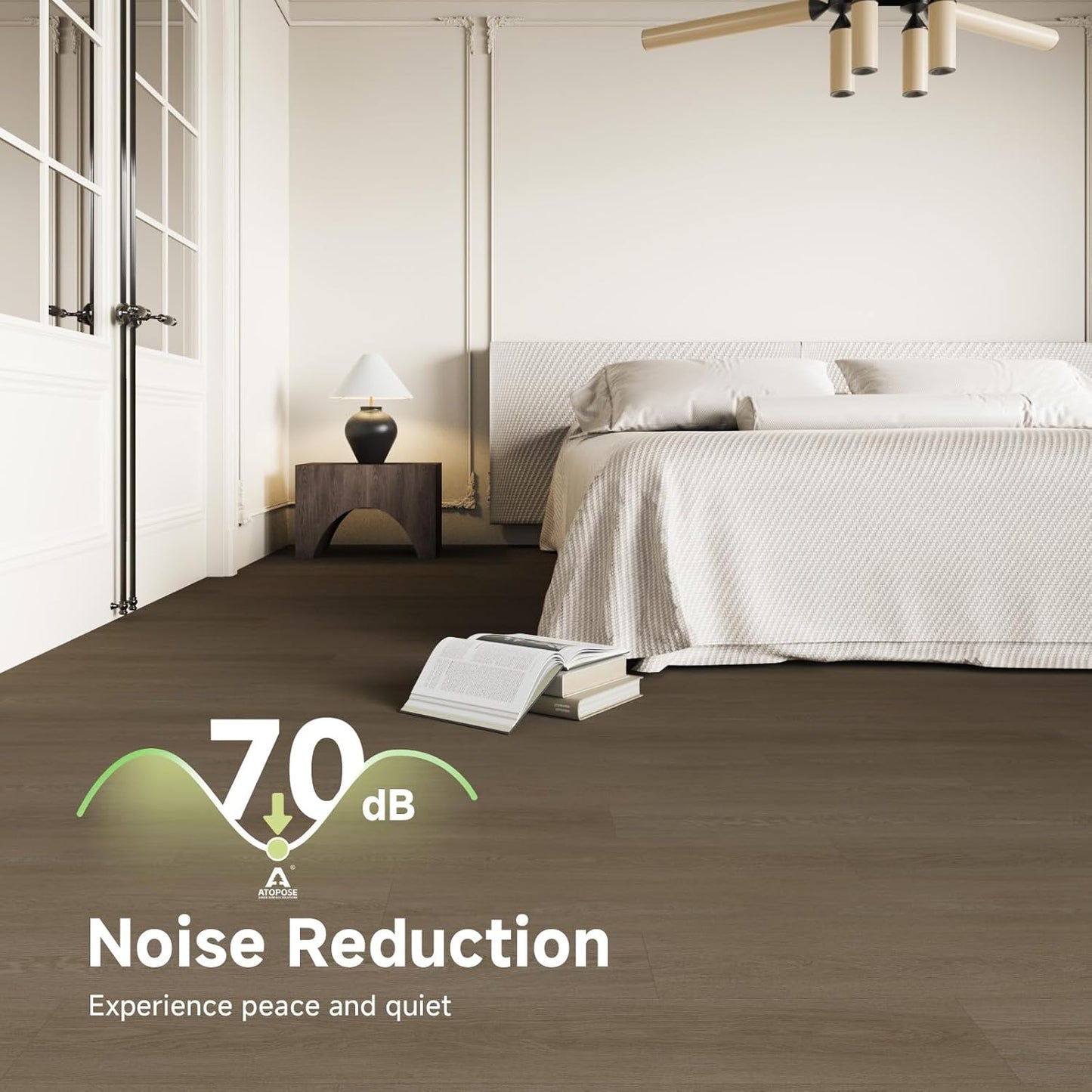 ATOPOSE peel and stick wood effect flooring with noise reduction features for a peaceful home environment
