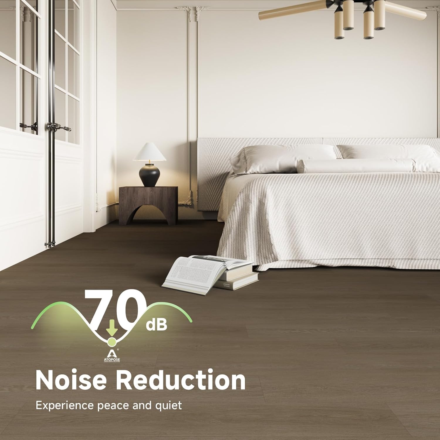 ATOPOSE peel and stick wood effect flooring with noise reduction features for a peaceful home environment