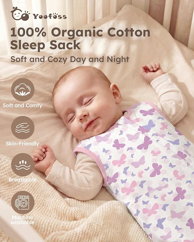 Yoofoss Baby Sleep Sack 0-24 Months 100% Organic Cotton Wearable Blanket for Babies 2-Way Zipper 0.5 Tog Newborn Sleeping Sack, Soft Lightweight Durable