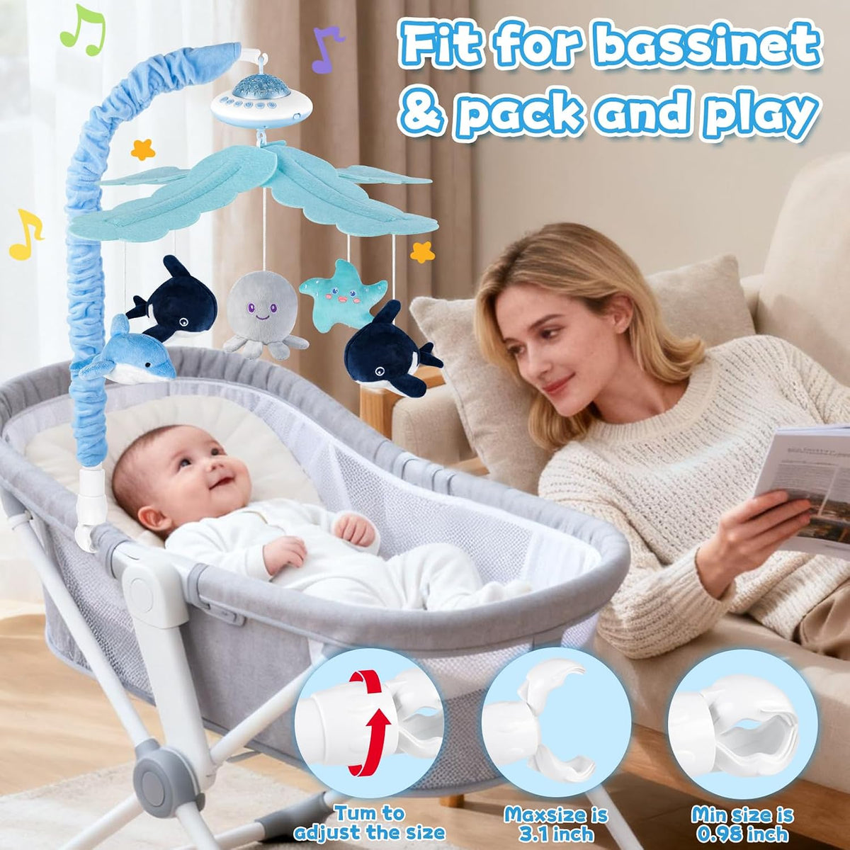 VZO Baby Cot Mobile, Crib Mobile with Music and Projection, Musical Cot Mobiles for Babies, Baby Nursery Cot Mobile Decor Blue