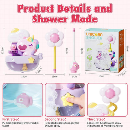 Unicorn Baby Bath Toys, 2 in 1 Automatic Bubble Machine with Led Light, Water Spray Shower Head | Bubble Maker Shower Toy, Interactive Light up Bathtub Toy for Toddlers 2-4 Year Old, Boy and Girl Gift