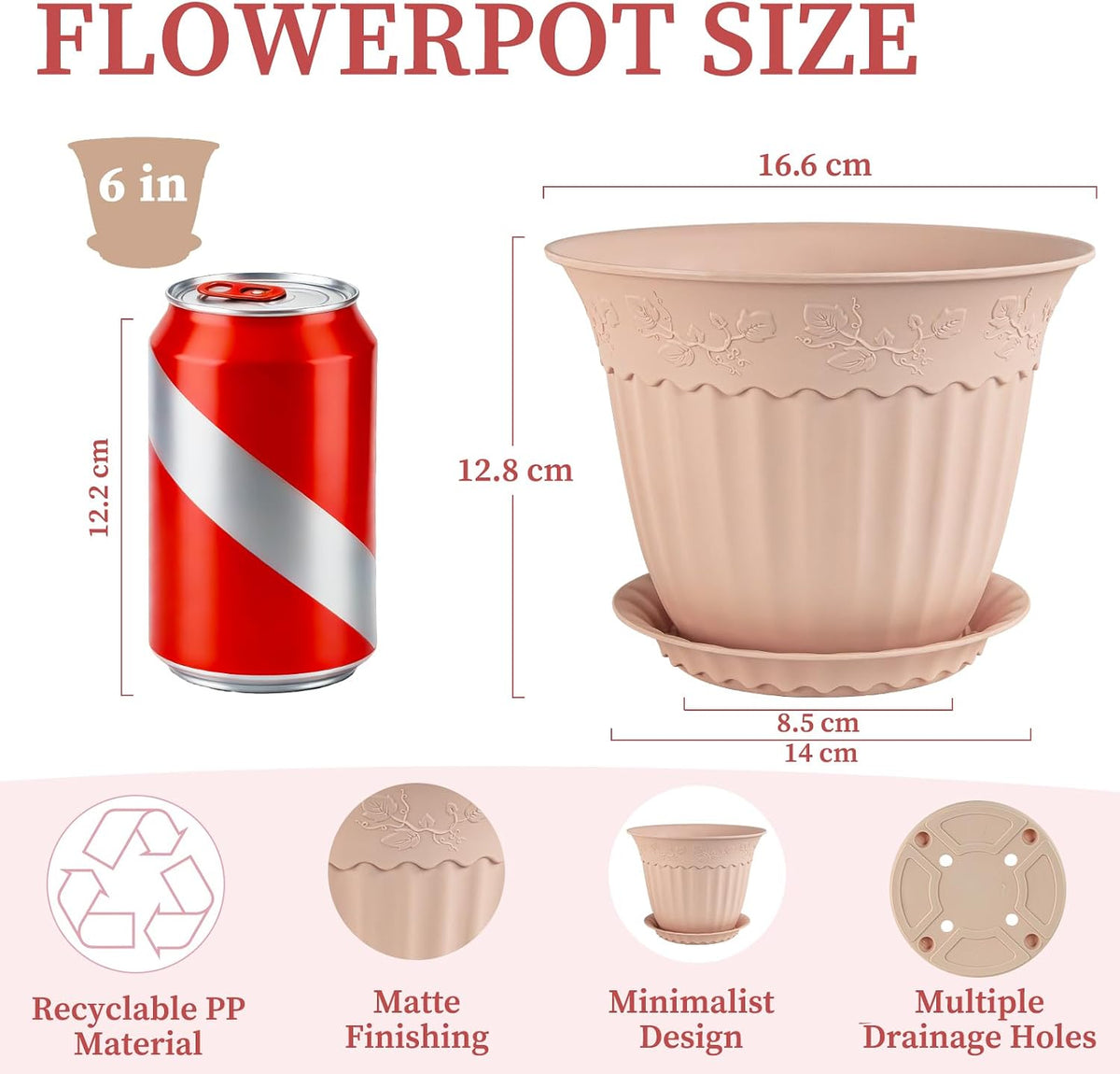 6 Pack 16.5cm Plant Pots, Plastic Planters with Drainage Holes and Saucers, Decorative Embossed Flower Pots for Indoor Outdoor House Plants Succulent Orchid Cactus Herb (Pink)