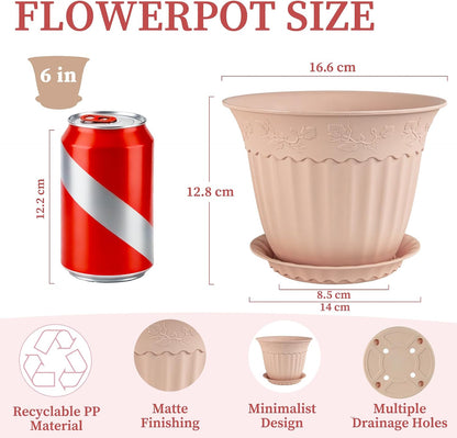 6 Pack 16.5cm Plant Pots, Plastic Planters with Drainage Holes and Saucers, Decorative Embossed Flower Pots for Indoor Outdoor House Plants Succulent Orchid Cactus Herb (Pink)