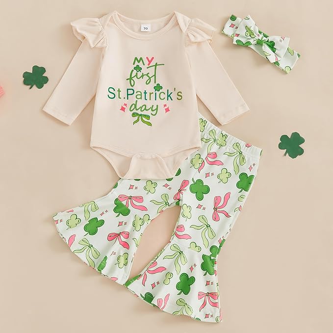 Letter Print Romper with Clover Print Flare Pants and Headband 3Pcs Set (3-6 Months)