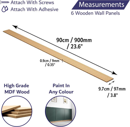 Home Treats Wall Panelling Kit Shaker Style 3D Panel Kit | Paintable MDF Wood Wall Mounting Slats Extending 6 Slats 90 x 9.7 x 0.9 cm