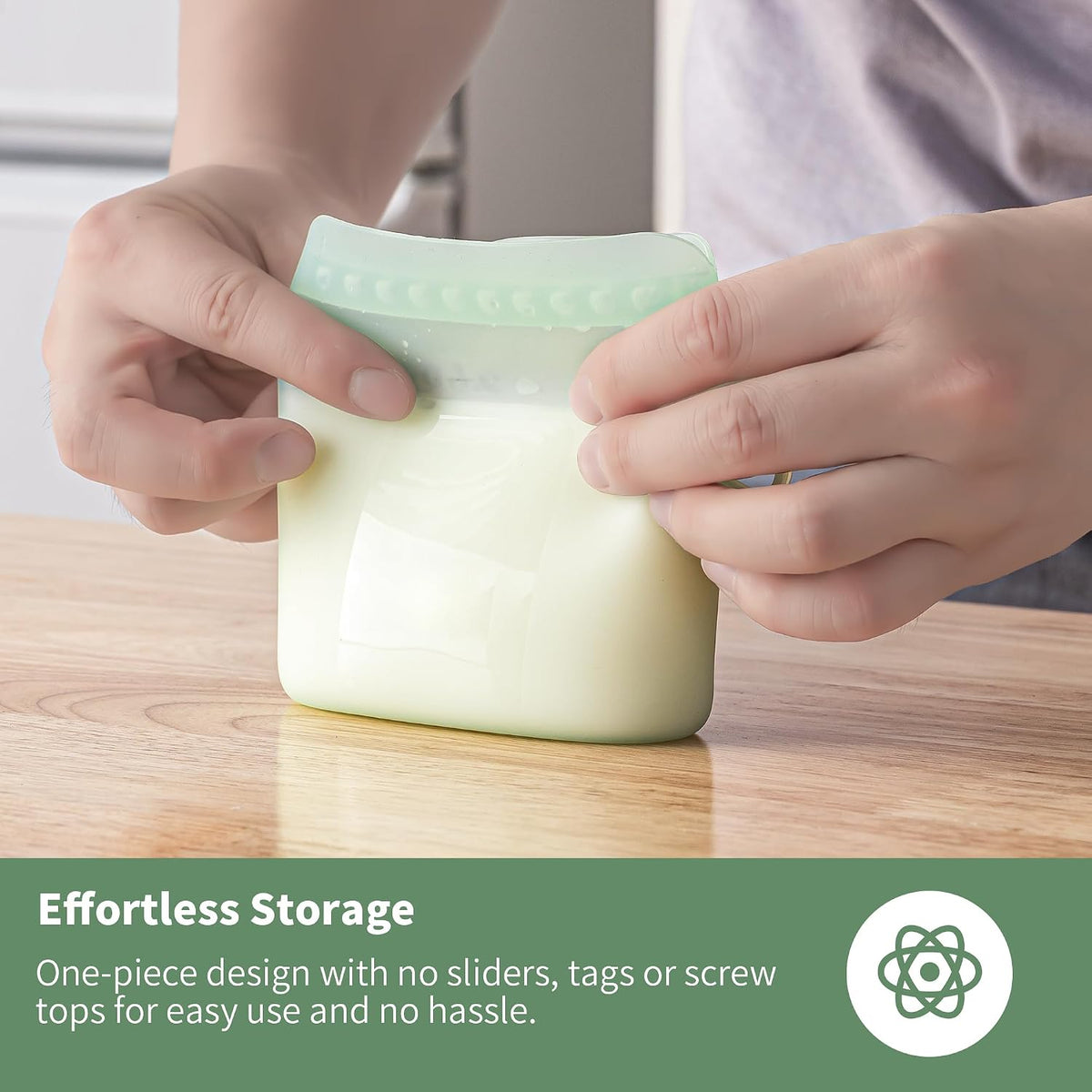 Reusable Silicone Breast Milk Storage Bags with Wide Opening, Double-Seal Design, One-Piece, Fridge and Freezer Storable (Green, 7 Packs)