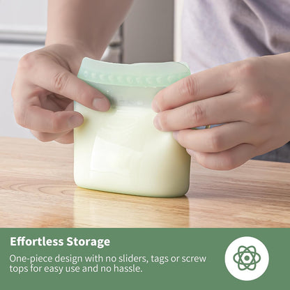 Reusable Silicone Breast Milk Storage Bags with Wide Opening, Double-Seal Design, One-Piece, Fridge and Freezer Storable (Green, 7 Packs)
