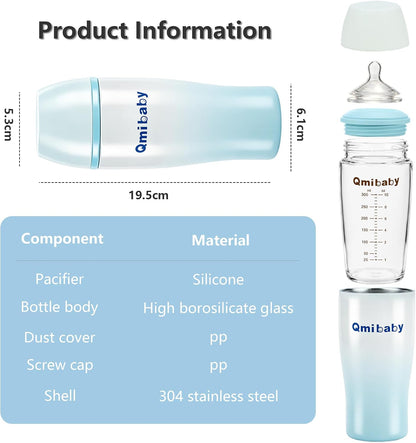Glass Baby Bottle, Includes Insulated Stainless Steel Sleeve, Newborn Anti-Colic Baby Bottle with Slow Flow Nipple, Leak Proof Insulated, Plastic-Free, BPA-Free, 0-3 Months, 8 oz