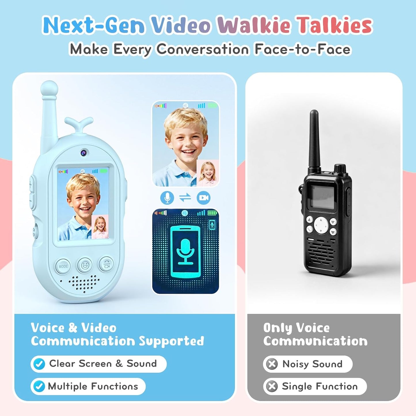 Kids Video Walkie Talkies 2 Pack, Rechargeable Walkie Talkies with Voice Changer & Sticker Effect, Long Range Video Intercom for Indoor Outdoor Games, Birthday Gifts for 3-10 Year Old Boys Girls