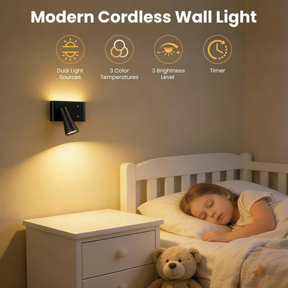 Battery Operated Wall Sconces Rotatable, Wireless Rechargeable Wall Sconce, Dimmable & 3 Colors Wall Mounted Reading Light, Black Wall Lamps Remote Control for Bedroom Living Room (1 Pack) [Energy Class G]