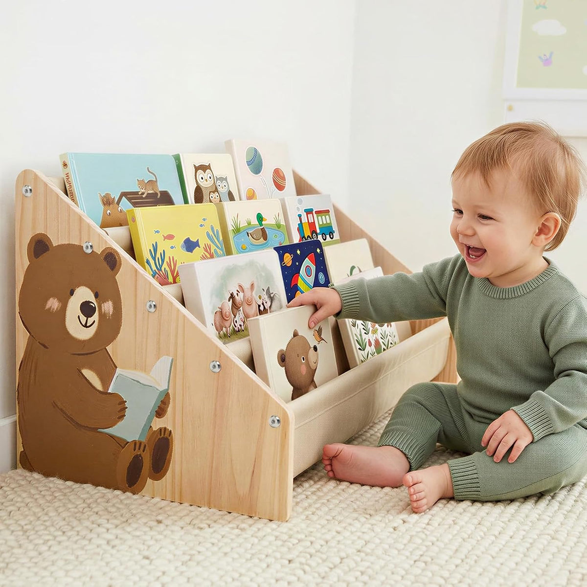 Kids Bookshelf, 4-Tier Solid Wood Toddler Bookcase for Nursery