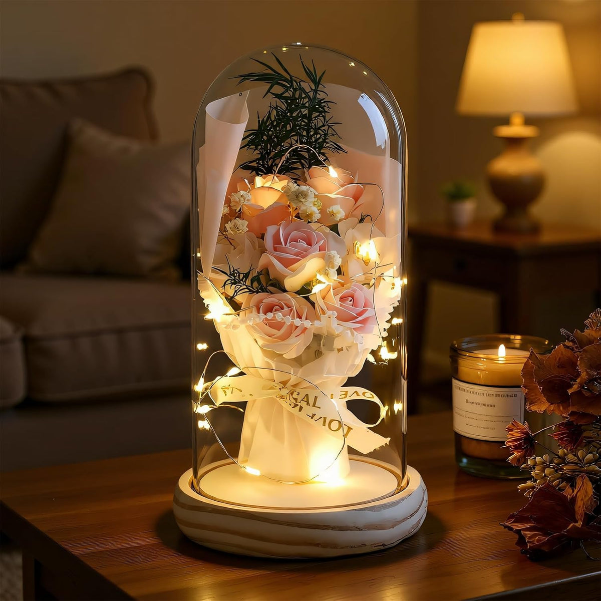 Artificial Roses in Glass Dome with LED Lights, Gift for Mum, Women & Grandma [Pink]
