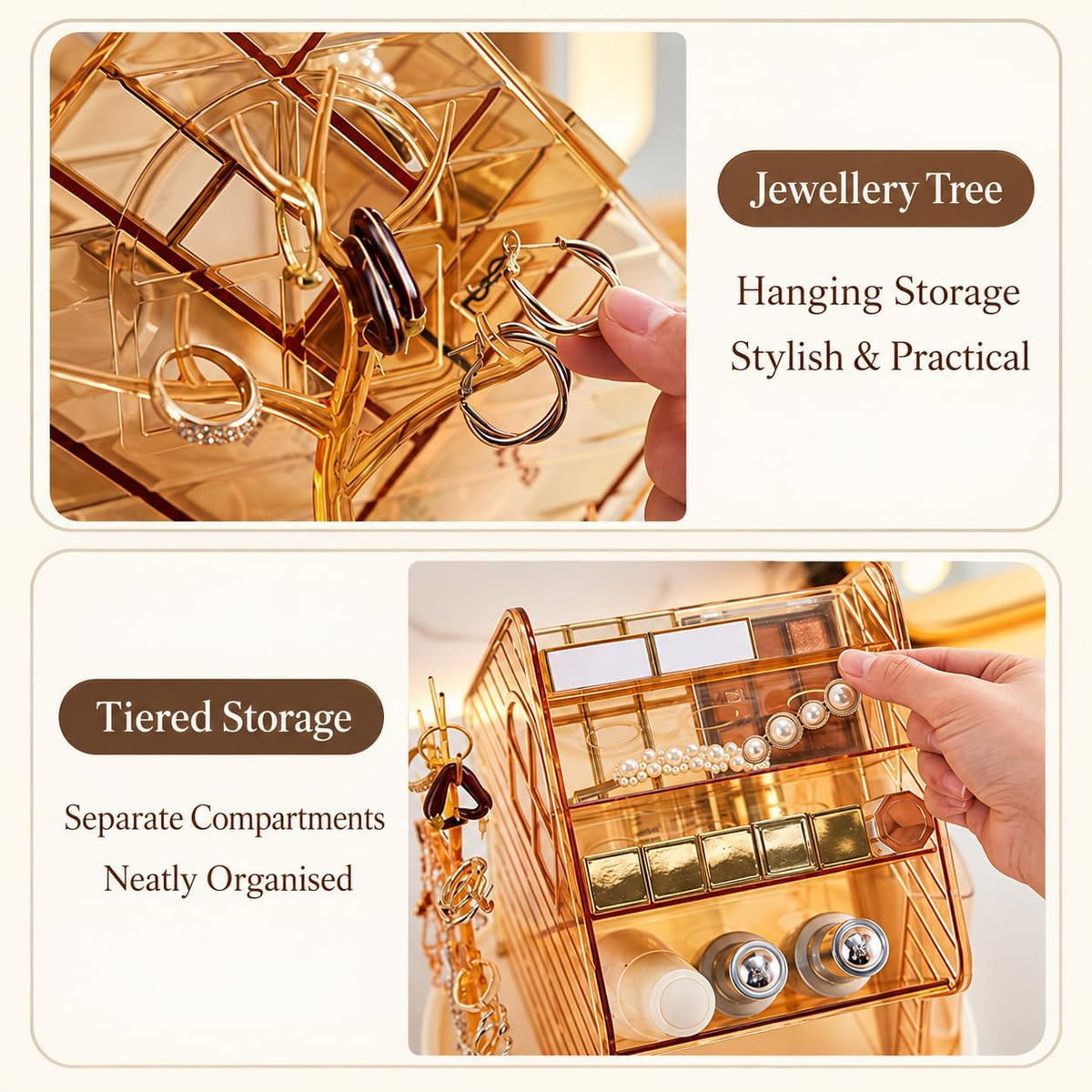 360° Rotating Makeup Organiser Jewellery Stand Amber Gold