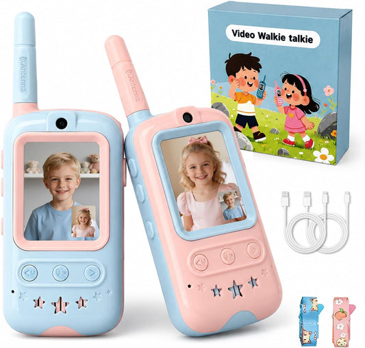 Video Walkie Talkies for Kids, 2 Pack Screen Walkie Talkie Toys with Voice Effects, Outdoor Camping Adventure Travel Gifts for Boys Girls Ages 3-12 (Blue & Pink)