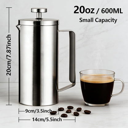 Cafetiere French Press Coffee Maker 600ml/20oz, 304 Double-Wall Insulated Stainless Steel, 3-Level Filtration System, Silicone Handle, Silver Matte, 2-4 Cup
