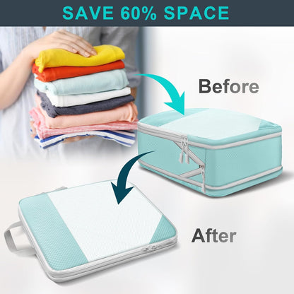 Compression Packing Cubes, 7 PCS Travel Luggage Packing Organizers with Mesh Extensible Suitcase Organiser Bags Set for Travel or Home Storage (Blue)