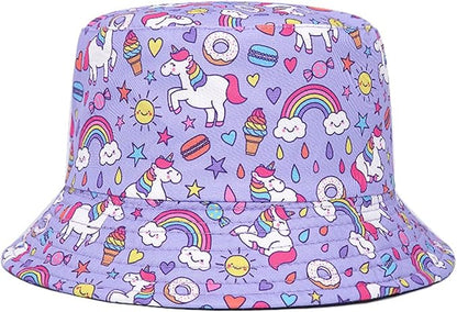 QKURT Kids Sun Hat, Children Sun Protection Bucket Hat Reversible Beach Cap Fishing Hats Summer Fisherman Hats with Unicorn for Outdoor Play for Girls 2-8 Years Old
