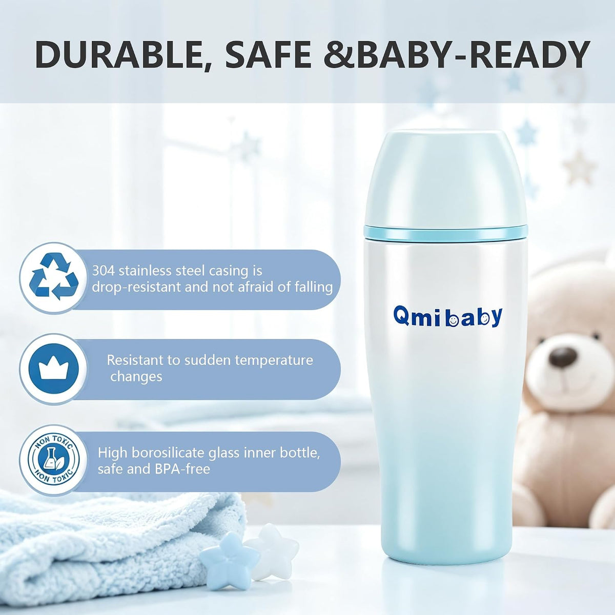 Glass Baby Bottle, Includes Insulated Stainless Steel Sleeve, Newborn Anti-Colic Baby Bottle with Slow Flow Nipple, Leak Proof Insulated, Plastic-Free, BPA-Free, 0-3 Months, 8 oz