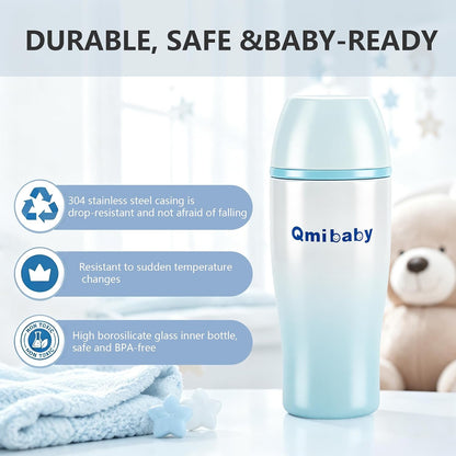 Glass Baby Bottle, Includes Insulated Stainless Steel Sleeve, Newborn Anti-Colic Baby Bottle with Slow Flow Nipple, Leak Proof Insulated, Plastic-Free, BPA-Free, 0-3 Months, 8 oz