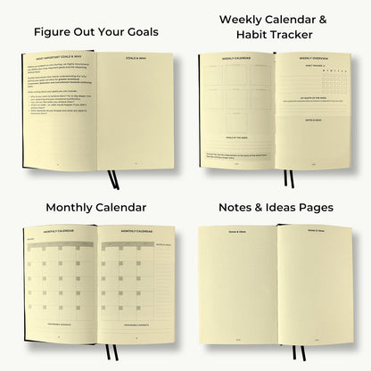 Goal-Focused Journal & Inspirational Quote Cards | The #1 Daily Planner to Achieve Your Goals | 6 Month Undated Diary for Productivity, Improvement, and Mindfulness (Black)