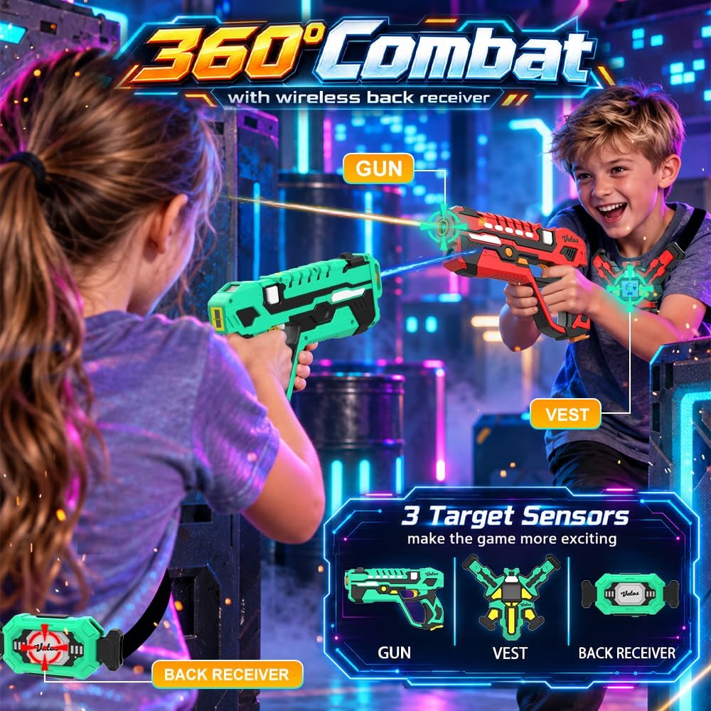 VATOS Rechargeable Laser Tag Set for 4 Players - 360° Combat, 2.4GHz Real-time Data Sync, Night Ready & 5 Weapon Modes - 4 Guns 4 Vests 4 Rear Receivers - Birthday Gifts for Kids Teens