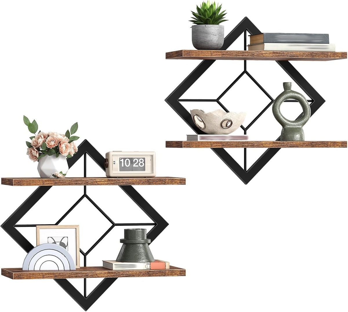 Floating Shelves Set of 2, Diamond-Shaped Wall Shelf, Rustic Brown
