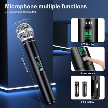 Wireless UHF Microphone System, w/ 2 Handhelds, Auto Scan,2x50 UHF Frequencies,200ft Range,Dynamic Microphone for Singing, Karaoke, Church