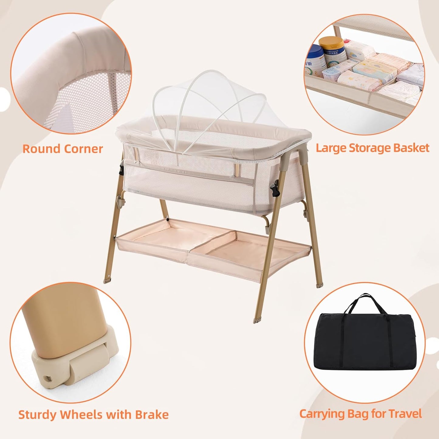 Next to Me Crib, 3 in 1 Baby Beside Crib for Babies from Birth to 9kg, Portable Travel Cot Bed with Wheels, Storage, Mosquito Net and Mattress Baby Co-Sleeper for Newborn Infant Beige